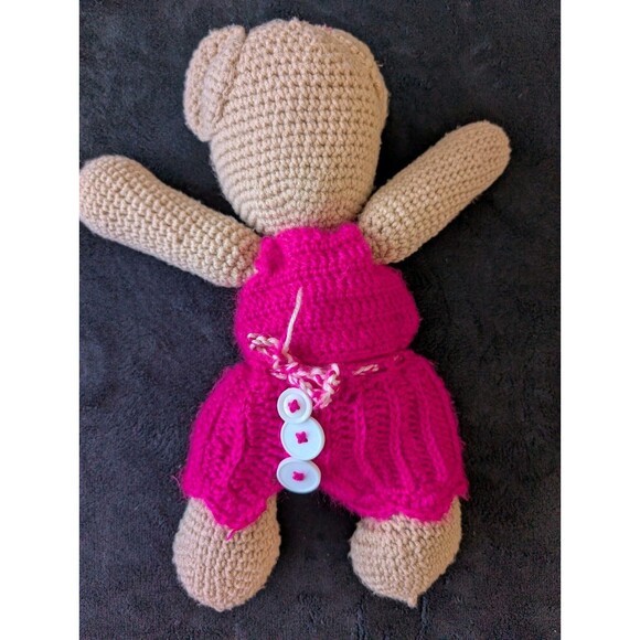 14" Crochet Knit Bear In Pink Dress Handmade Soft Plush Nursery Decor Baby Gift - Picture 6 of 14